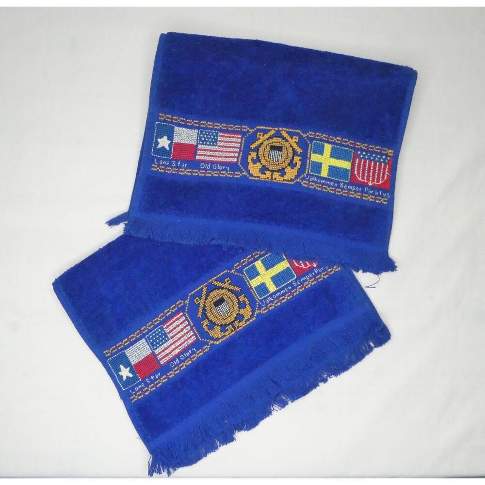 2 Blue Coast Guard Cross Stitch Fingertip Towels Valkommen Semper Paratus TX
